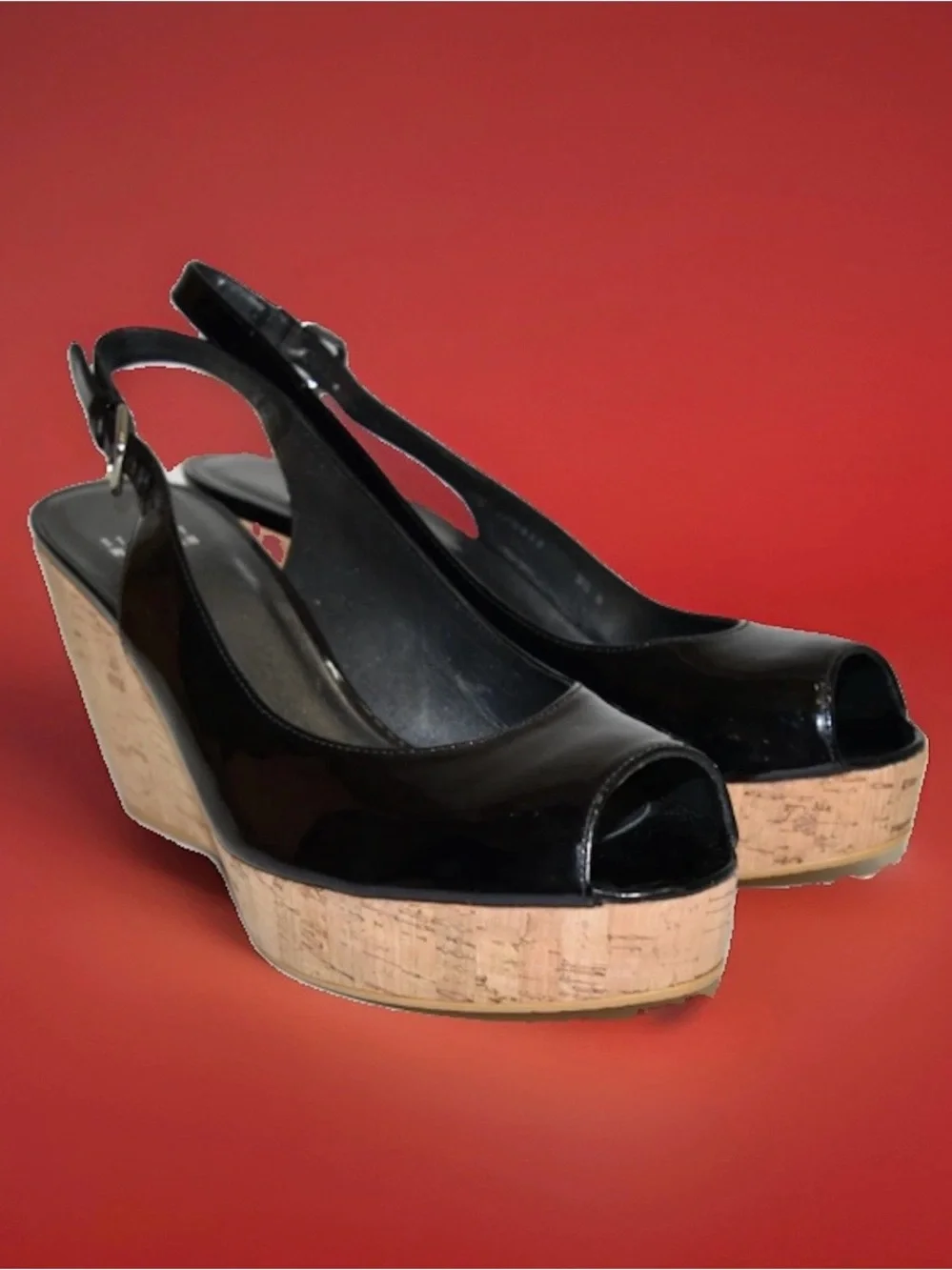 Stuart Weitzman Black Patent Leather Cork Wedge Slingbacks